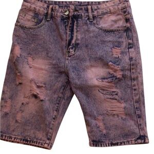 Men's Distressed Wash Denim Shorts in Blue and Pink